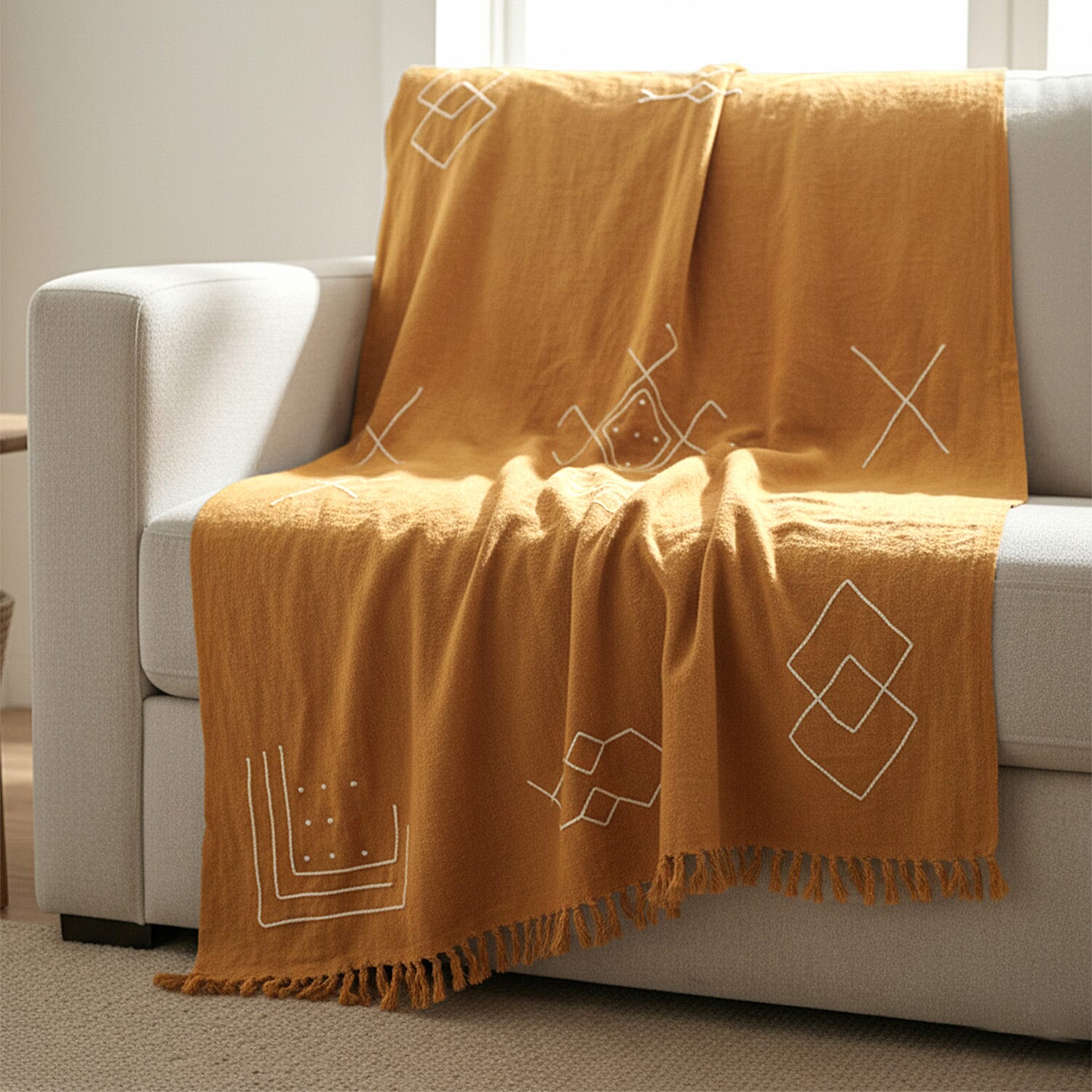 Luxury Close Out - 100% Cotton Handloom Embroidered Throw (Size 170x130 Cm) with Free Cushion Covers (Size 50x30 Cm)  Dark Orange