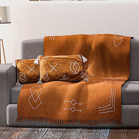 100% Cotton Hand Embroidered Throw (Size 170x130 Cm) with Cushion Covers (Size 50x30 Cm) - Dark Orange