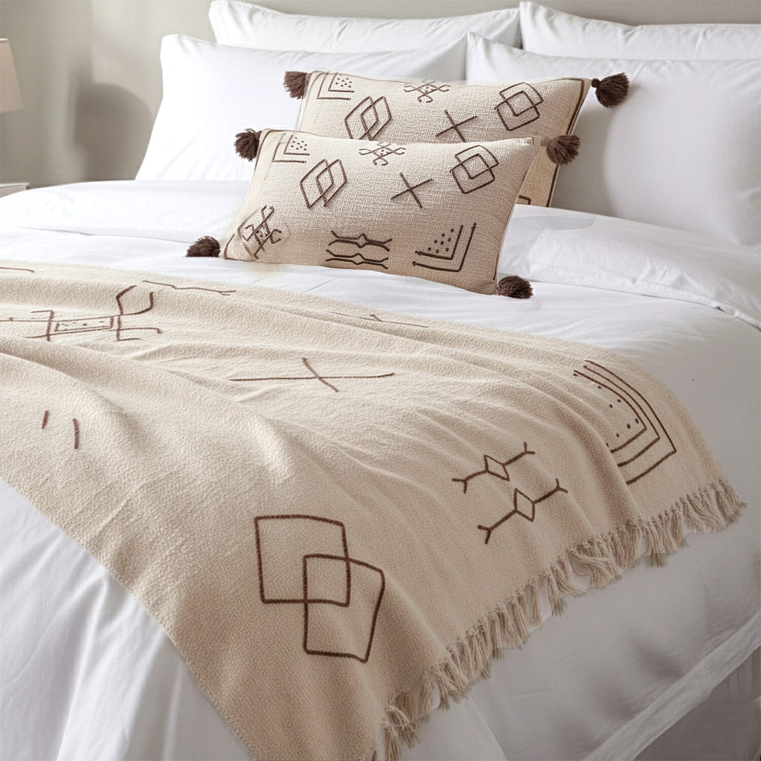 Luxury Close Out - 100% Cotton Handloom Embroidered Throw (Size 170x130 Cm) with Free Cushion Covers (Size 50x30 Cm) - White