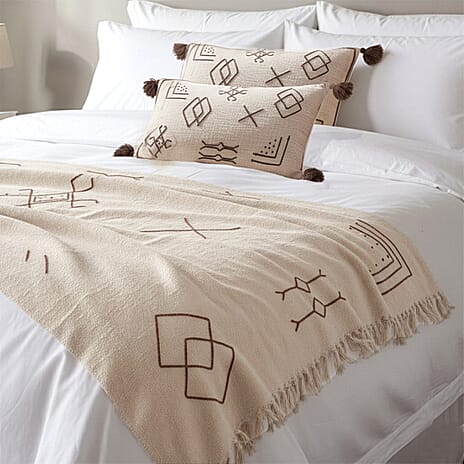 Luxury Close Out - 100% Cotton Handloom Embroidered Throw (Size 170x130 Cm) with Free Cushion Covers (Size 50x30 Cm) - White