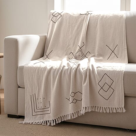 Luxury Close Out - 100% Cotton Handloom Embroidered Throw (Size 170x130 Cm) with Free Cushion Covers (Size 50x30 Cm) - White