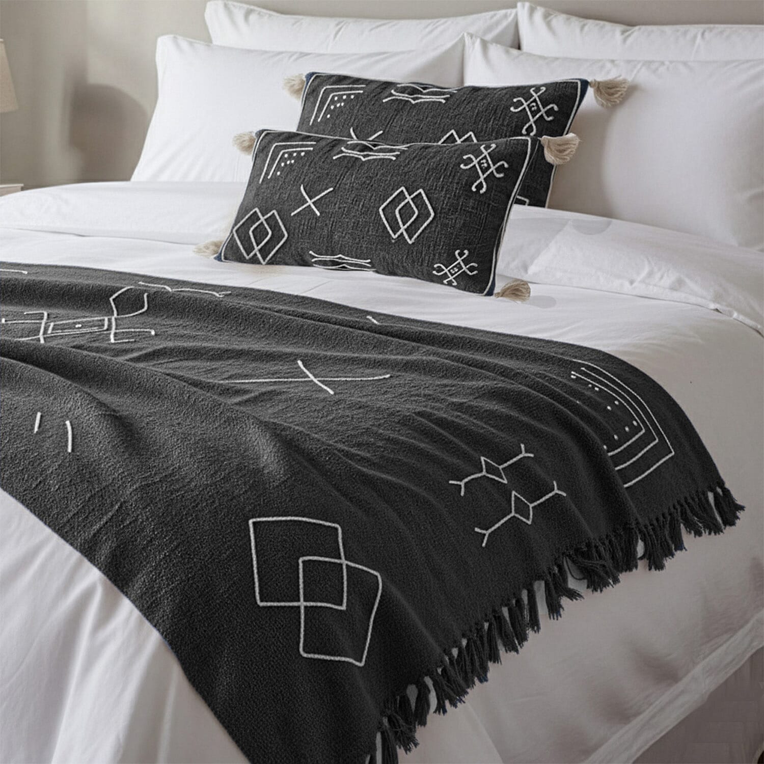 Luxury Close Out - 100% Cotton Handloom Embroidered Throw (Size 170x130 Cm) with Free Cushion Covers (Size 50x30 Cm) - Black