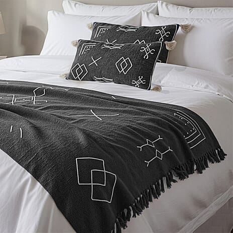 Luxury Close Out - 100% Cotton Handloom Embroidered Throw (Size 170x130 Cm) with Free Cushion Covers (Size 50x30 Cm) - Black
