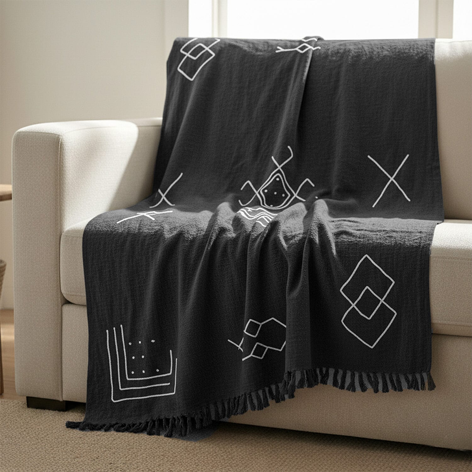Luxury Close Out - 100% Cotton Handloom Embroidered Throw (Size 170x130 Cm) with Free Cushion Covers (Size 50x30 Cm) - Black