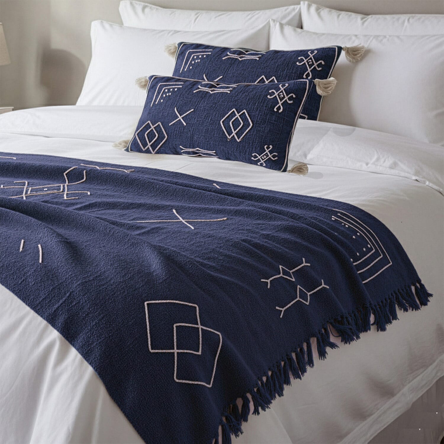 Luxury Close Out - 100% Cotton Handloom Embroidered Throw (Size 170x130 Cm) with Free Cushion Covers (Size 50x30 Cm) - Navy