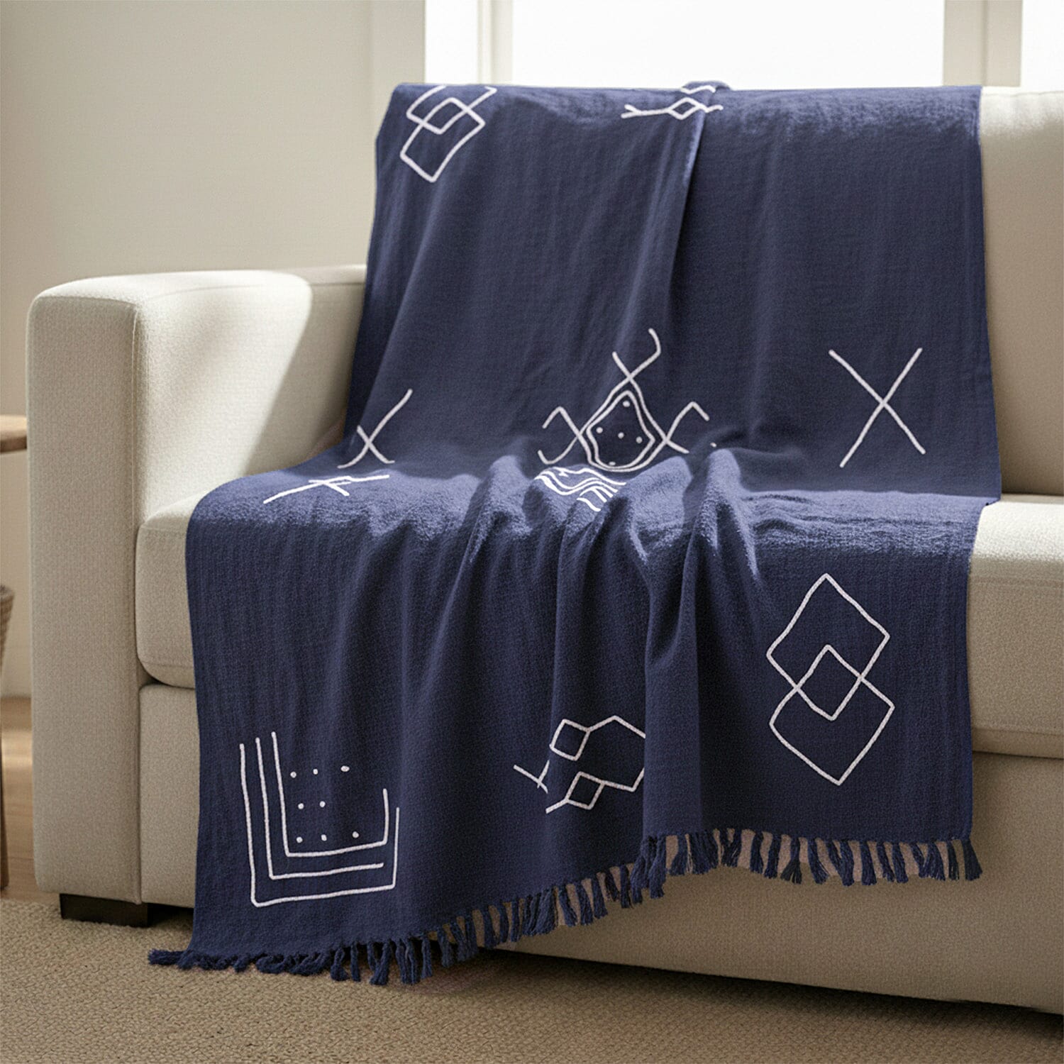 Luxury Close Out - 100% Cotton Handloom Embroidered Throw (Size 170x130 Cm) with Free Cushion Covers (Size 50x30 Cm) - Navy