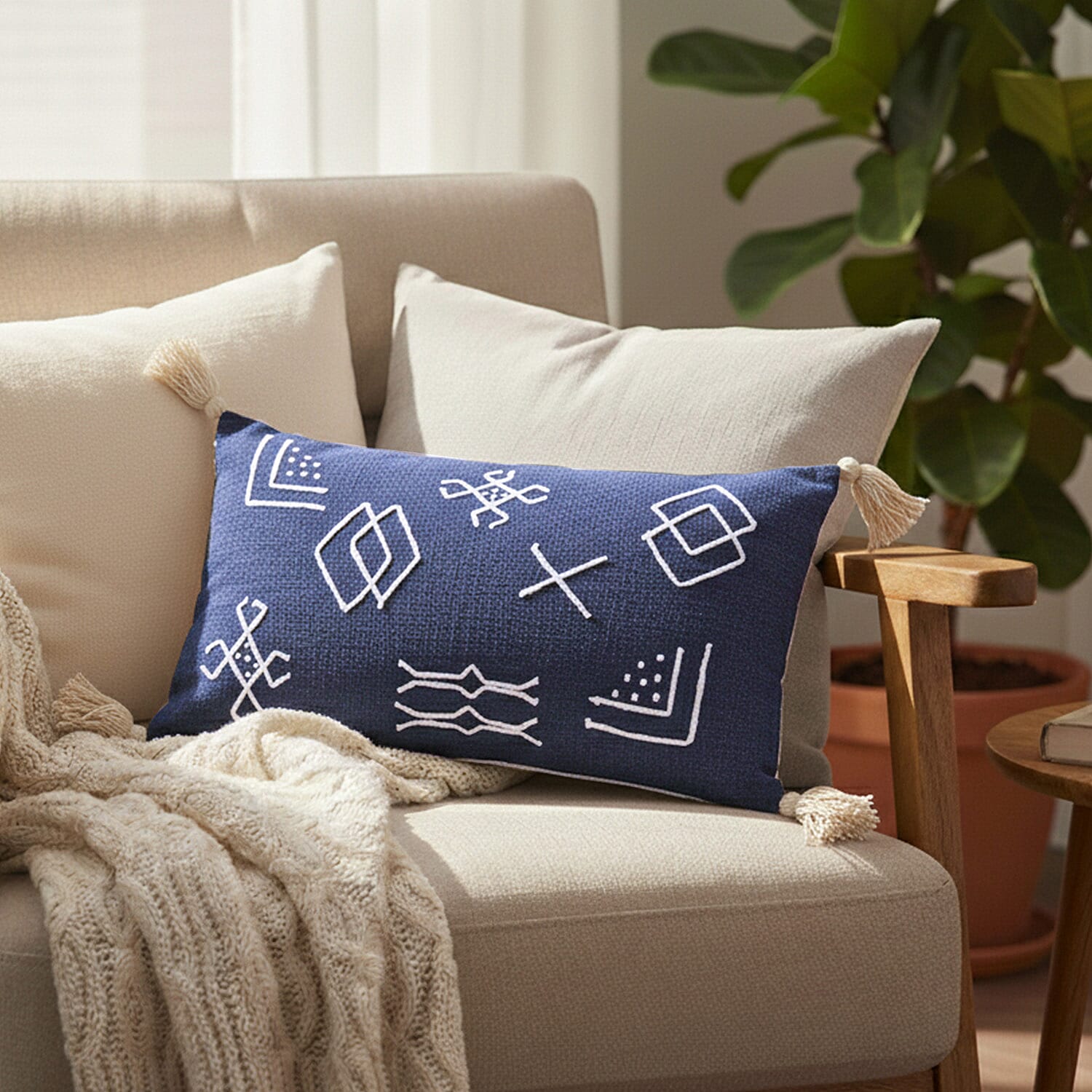 Luxury Close Out - 100% Cotton Handloom Embroidered Throw (Size 170x130 Cm) with Free Cushion Covers (Size 50x30 Cm) - Navy