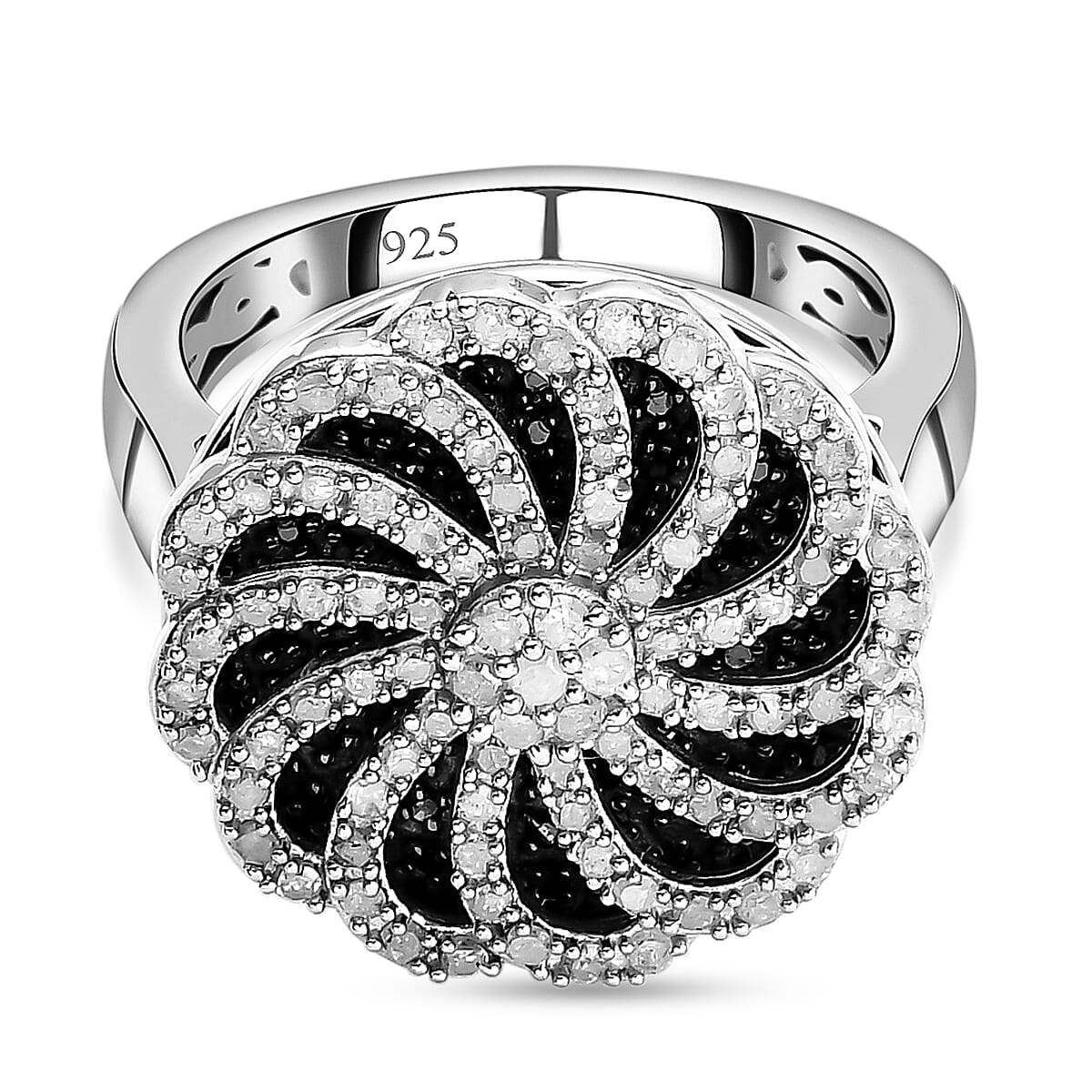 White and Black Diamond Floral Cluster Ring in Platinum Overlay Sterling Silver 0.95 Ct, Silver Wt. 6.19 Gms