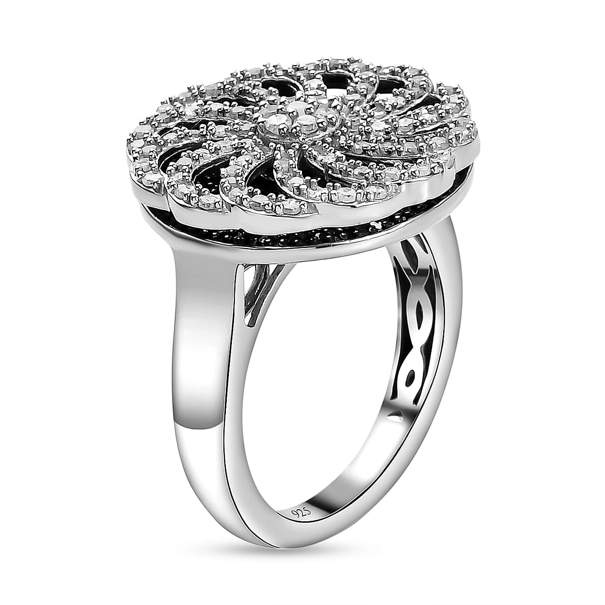 White and Black Diamond Floral Cluster Ring in Platinum Overlay Sterling Silver 0.95 Ct, Silver Wt. 6.19 Gms