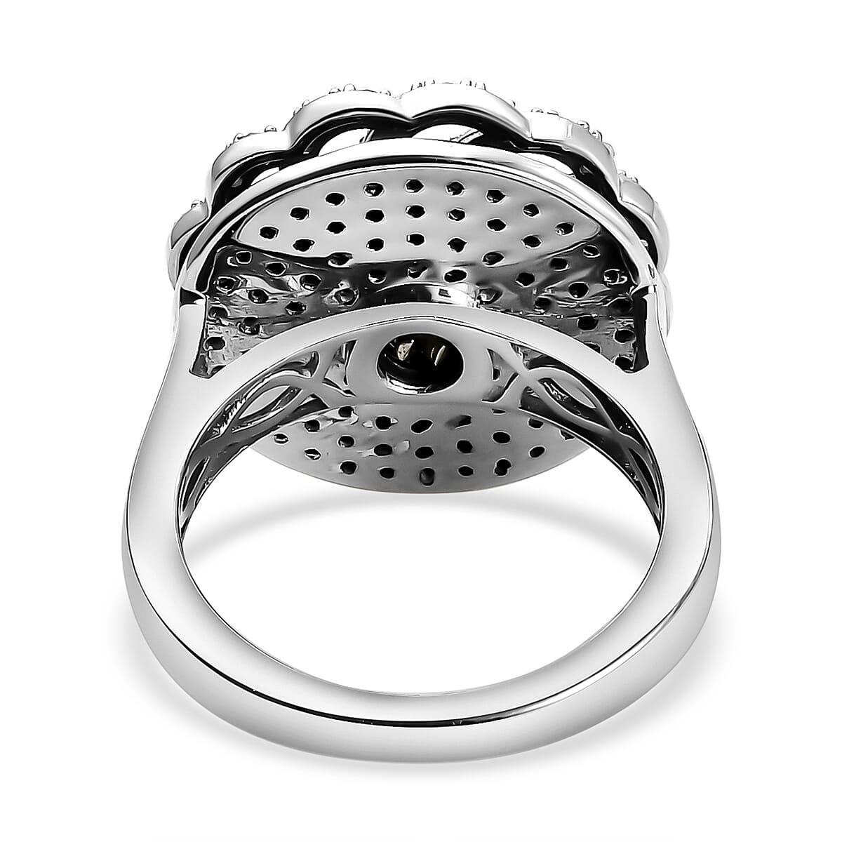 White and Black Diamond Floral Cluster Ring in Platinum Overlay Sterling Silver 0.95 Ct, Silver Wt. 6.19 Gms