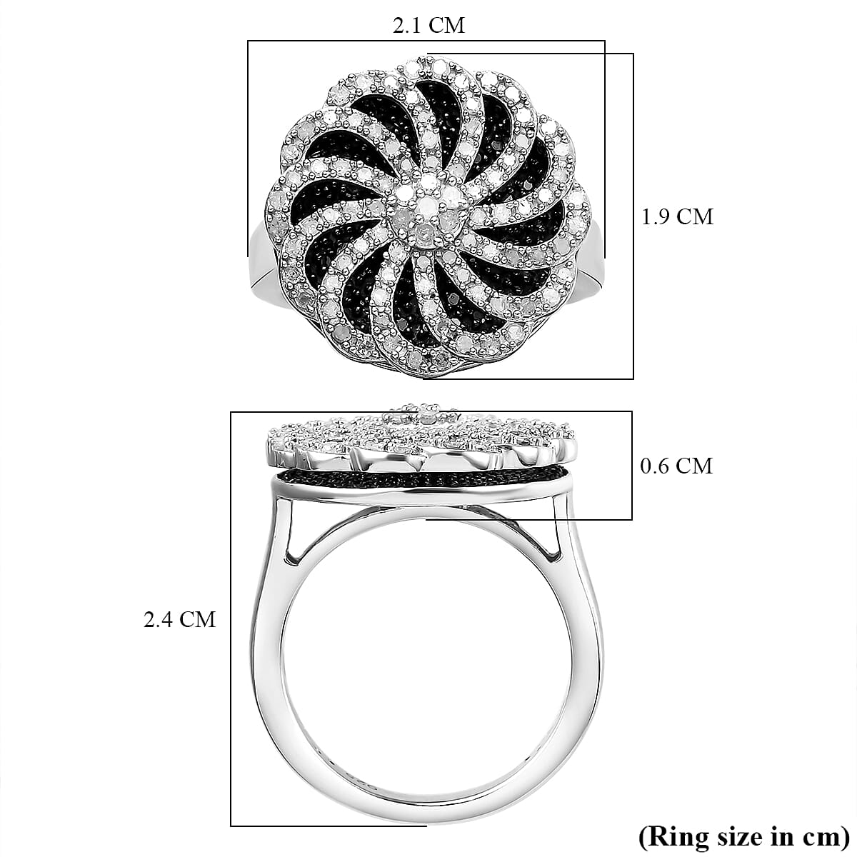 White and Black Diamond Floral Cluster Ring in Platinum Overlay Sterling Silver 0.95 Ct, Silver Wt. 6.19 Gms