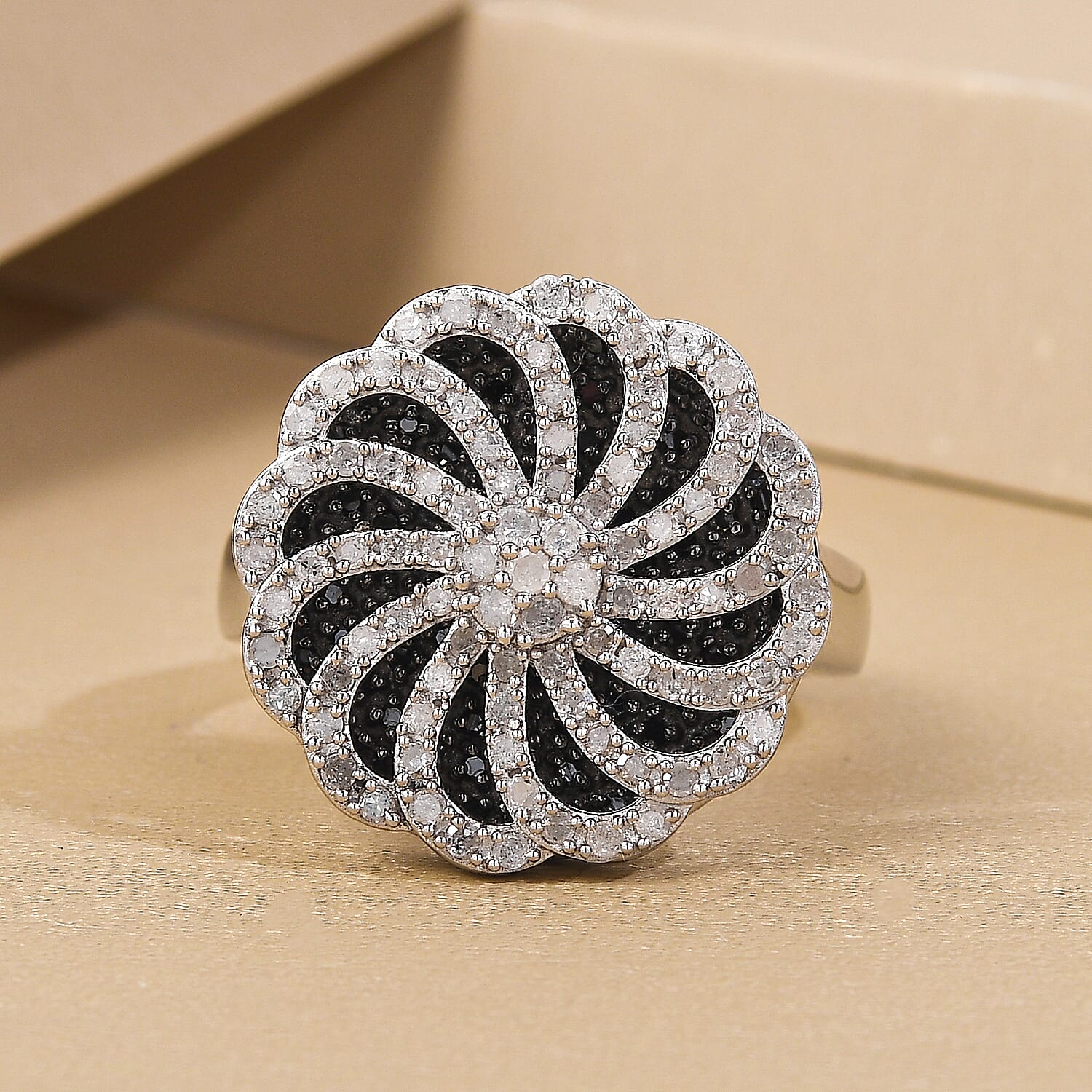 White and Black Diamond Floral Cluster Ring in Platinum Overlay Sterling Silver 0.95 Ct, Silver Wt. 6.19 Gms