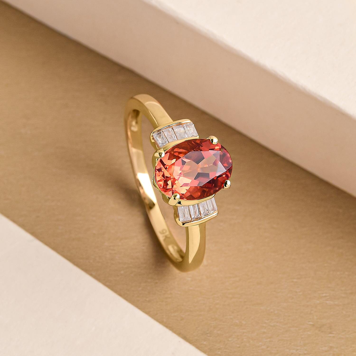 9K Yellow Gold Red Andesine and Diamond Ring 1.29 Ct.