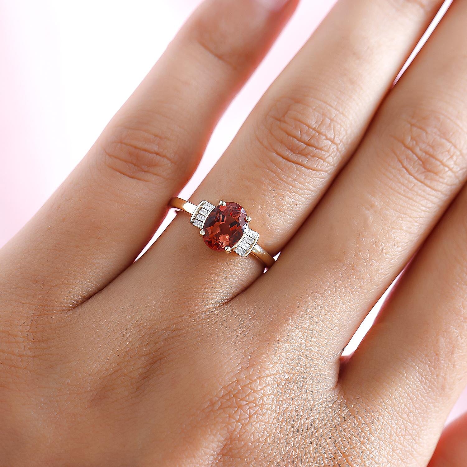 9K Yellow Gold Red Andesine and Diamond Ring 1.29 Ct.