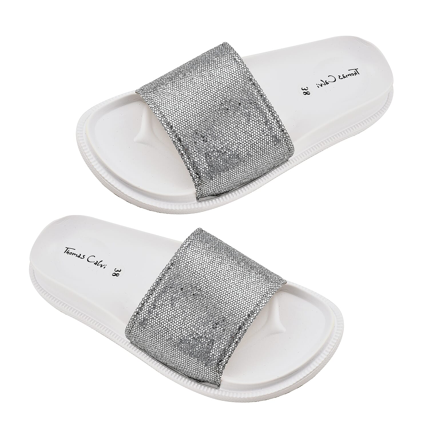 Thomas Calvi Slider Flip Flop Slipper (Size 4) - White & Silver