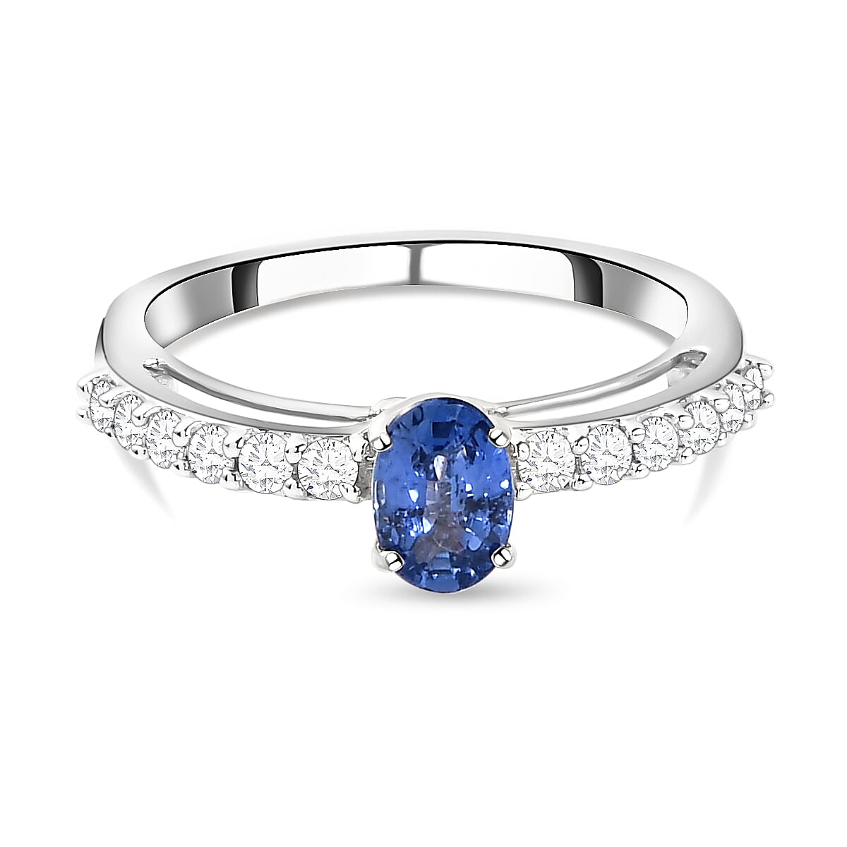 9K White Gold  AA Blue Ceylon Sapphire and Moissanite Ring 0.90 Ct.