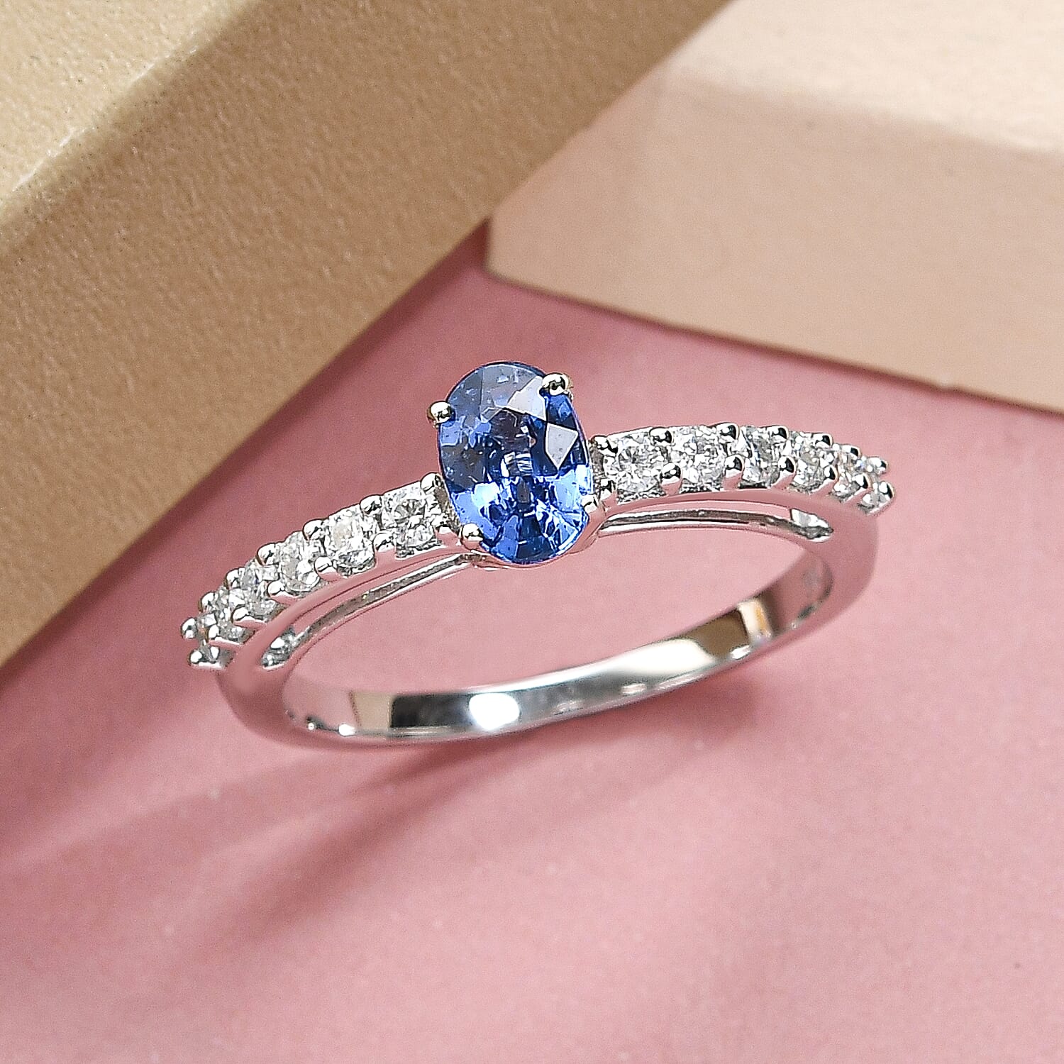 9K White Gold  AA Blue Ceylon Sapphire and Moissanite Ring 0.90 Ct.