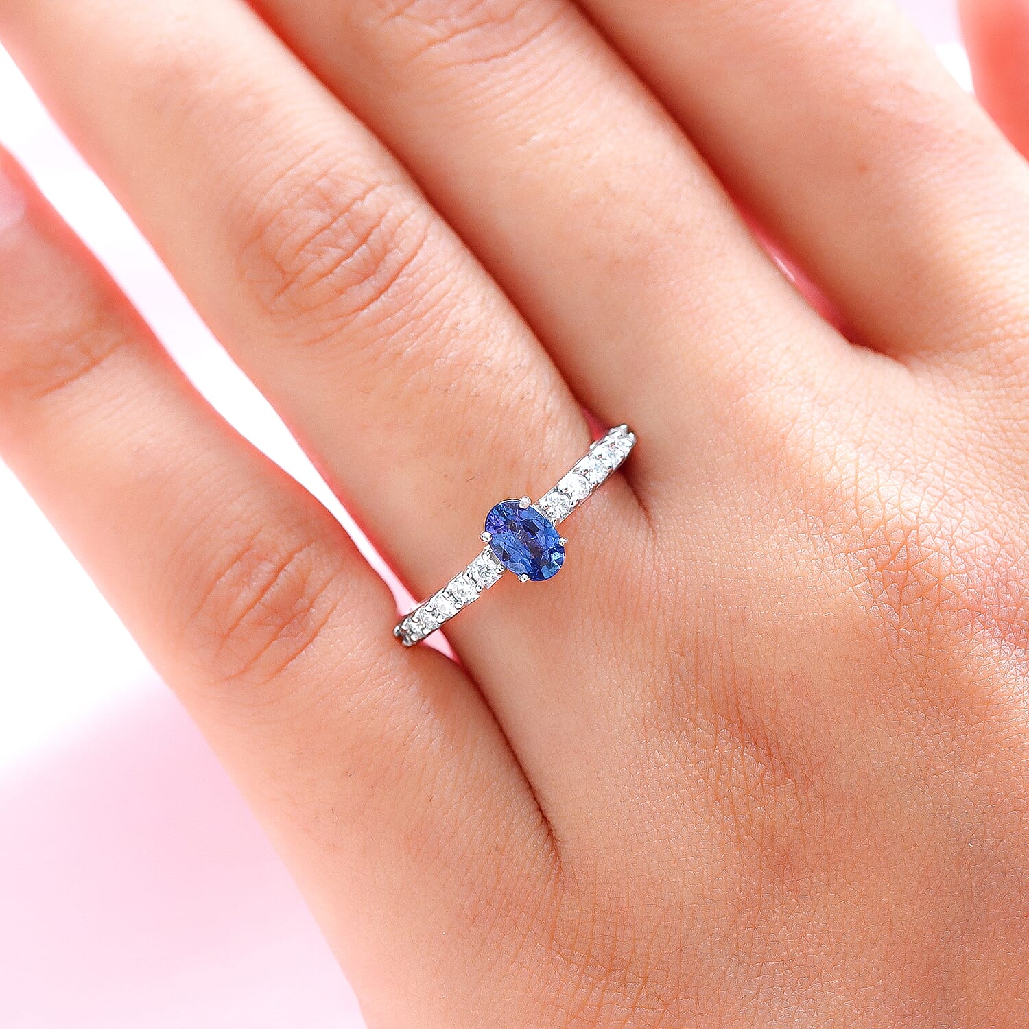 9K White Gold  AA Blue Ceylon Sapphire and Moissanite Ring 0.90 Ct.