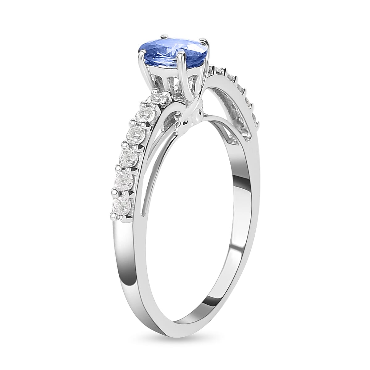 9K White Gold  AA Blue Ceylon Sapphire and Moissanite Ring 0.90 Ct.