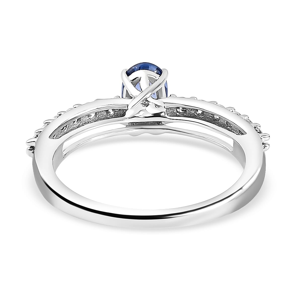 9K White Gold  AA Blue Ceylon Sapphire and Moissanite Ring 0.90 Ct.