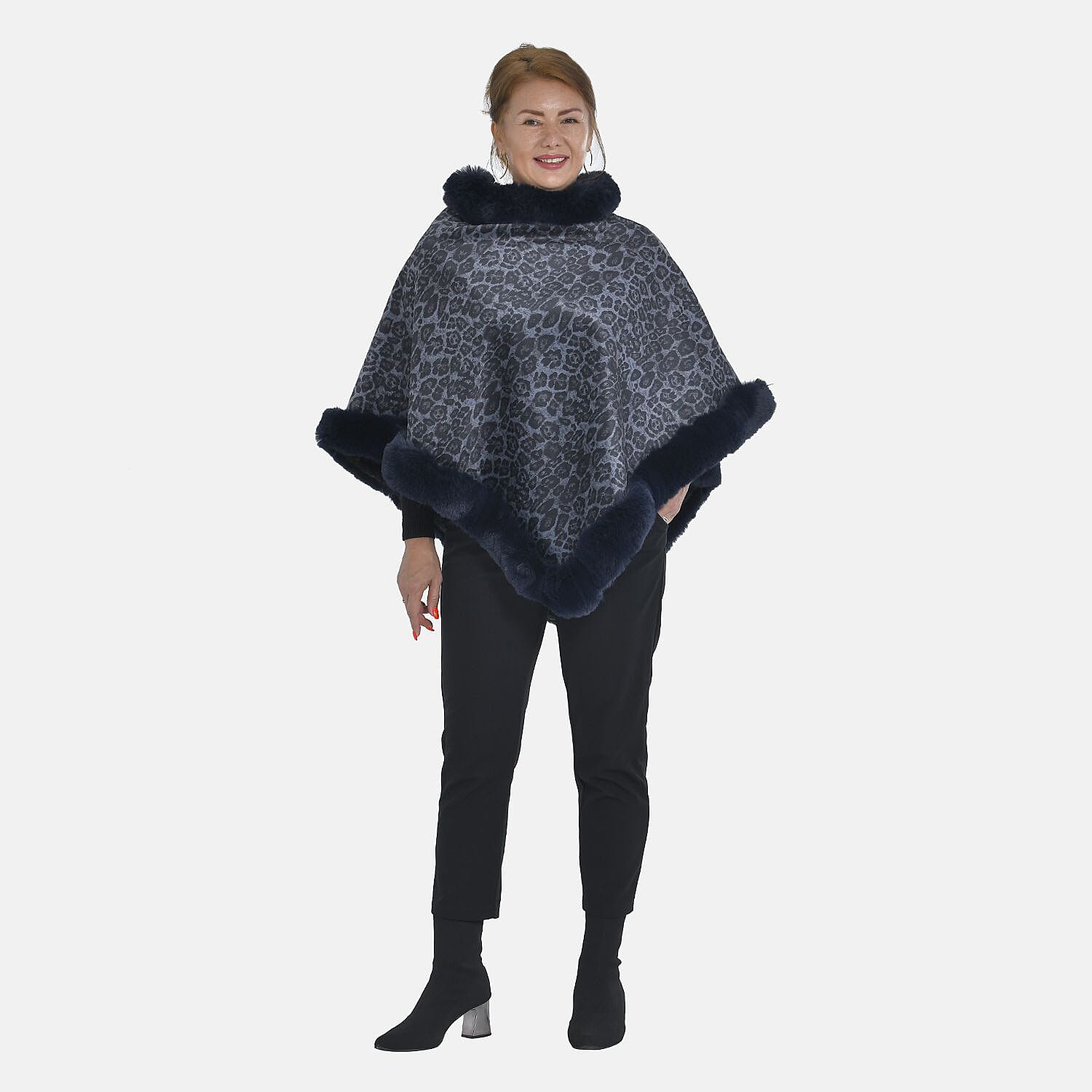 TAMSY Leopard Pattern Double Layer Faux Fur Poncho (Size 8-22) - Dark Blue