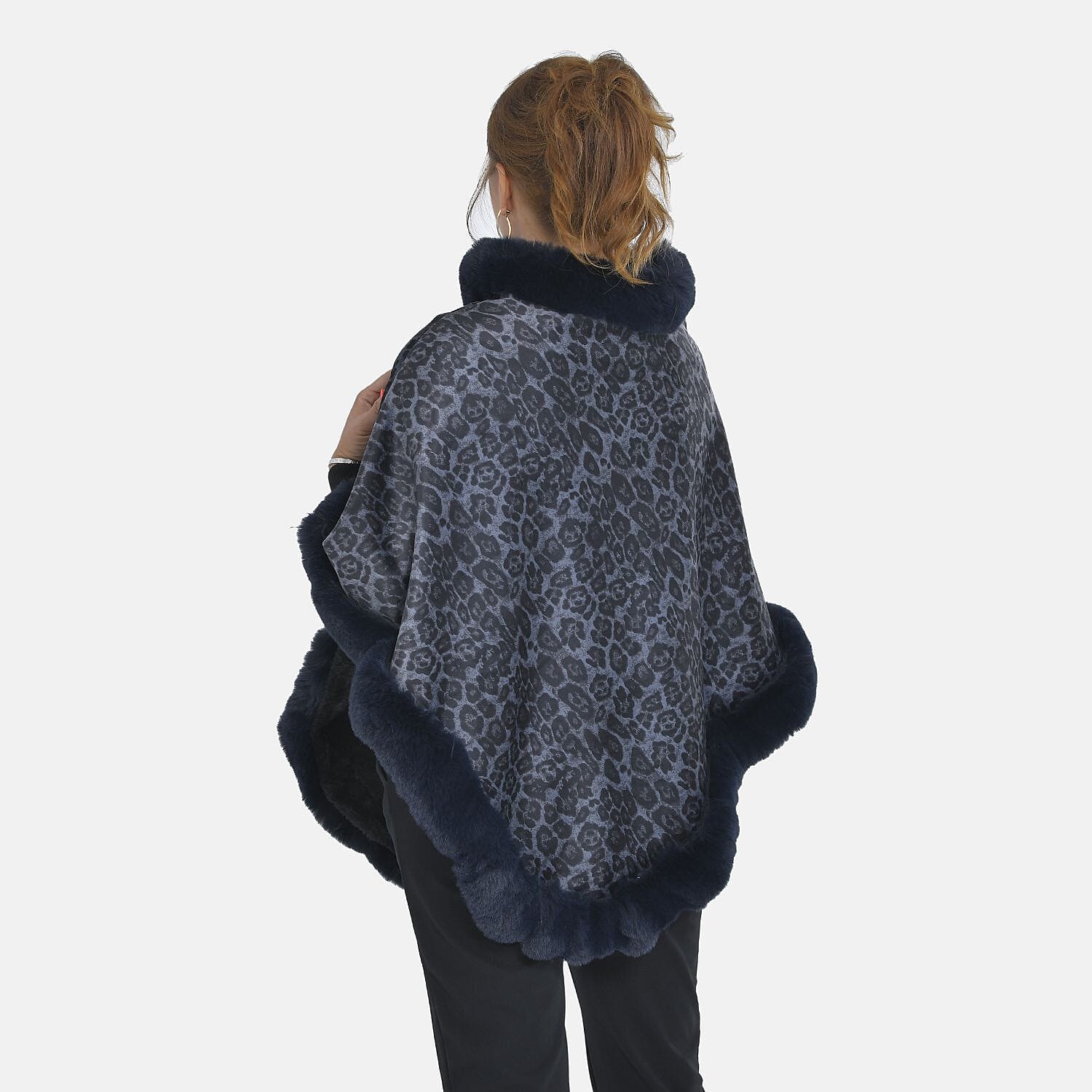 TAMSY Leopard Pattern Double Layer Faux Fur Poncho (Size 8-22) - Dark Blue