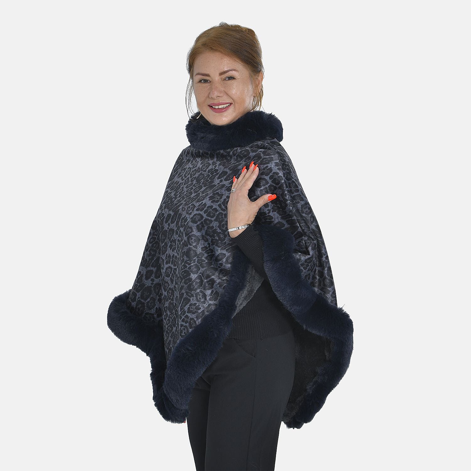 TAMSY Leopard Pattern Double Layer Faux Fur Poncho (Size 8-22) - Dark Blue