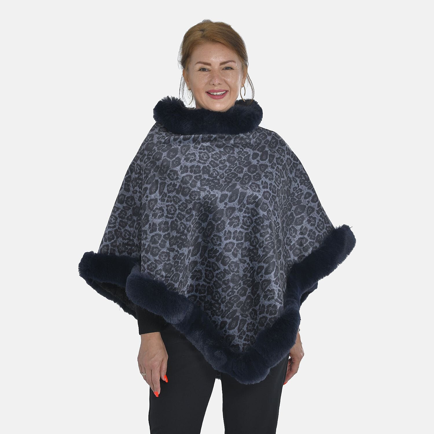 TAMSY Leopard Pattern Double Layer Faux Fur Poncho (Size 8-22) - Dark Blue