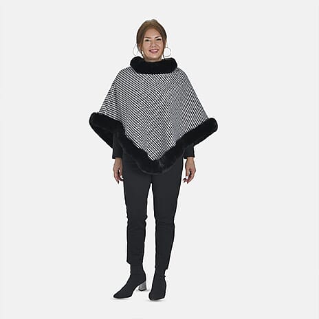 Grid Pattern Double Layer Faux Fur Trim Poncho (Size 8-22) - Black & White