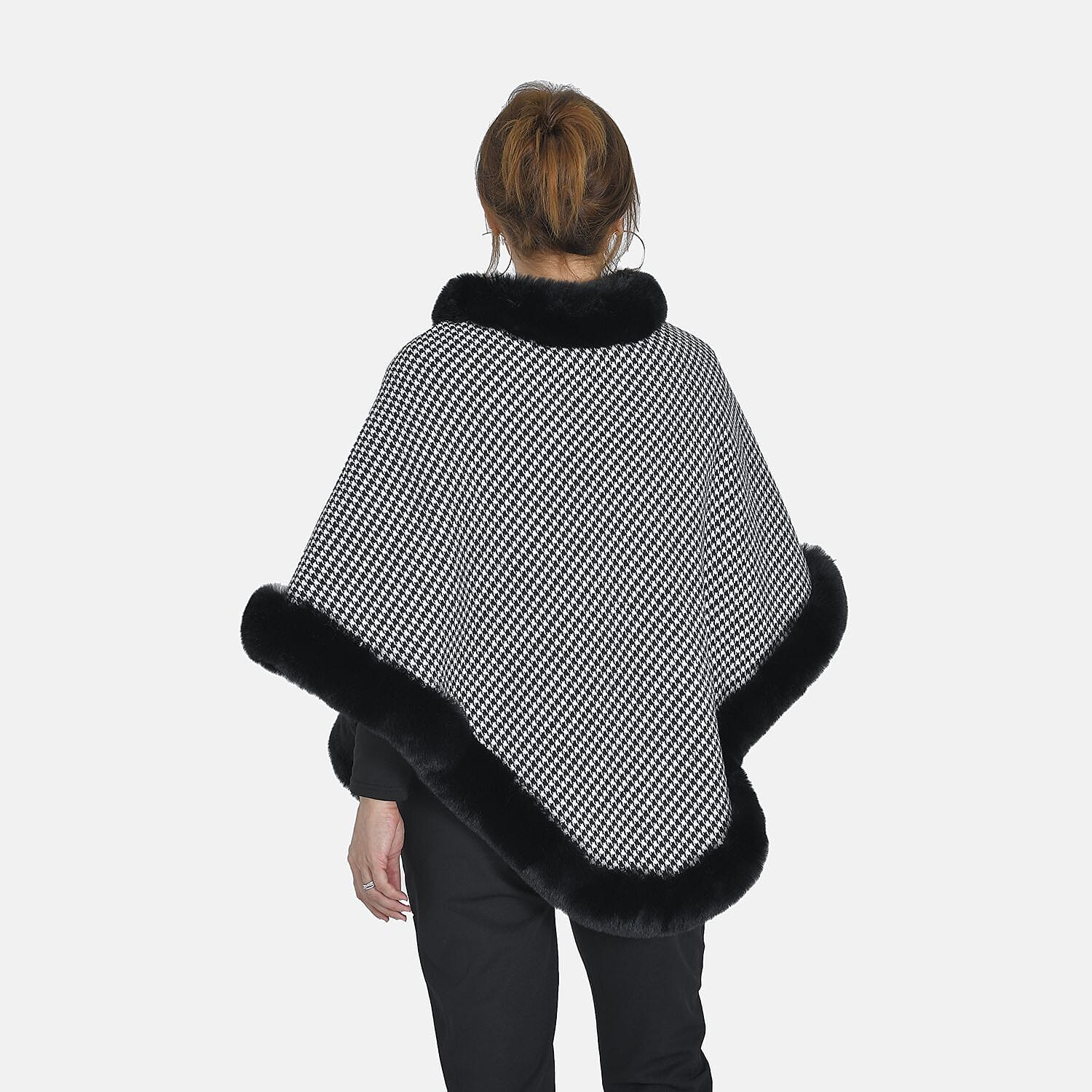 TAMSY Grid Pattern Double Layer Faux Fur Trim Poncho (Size 8-22) - Black & White