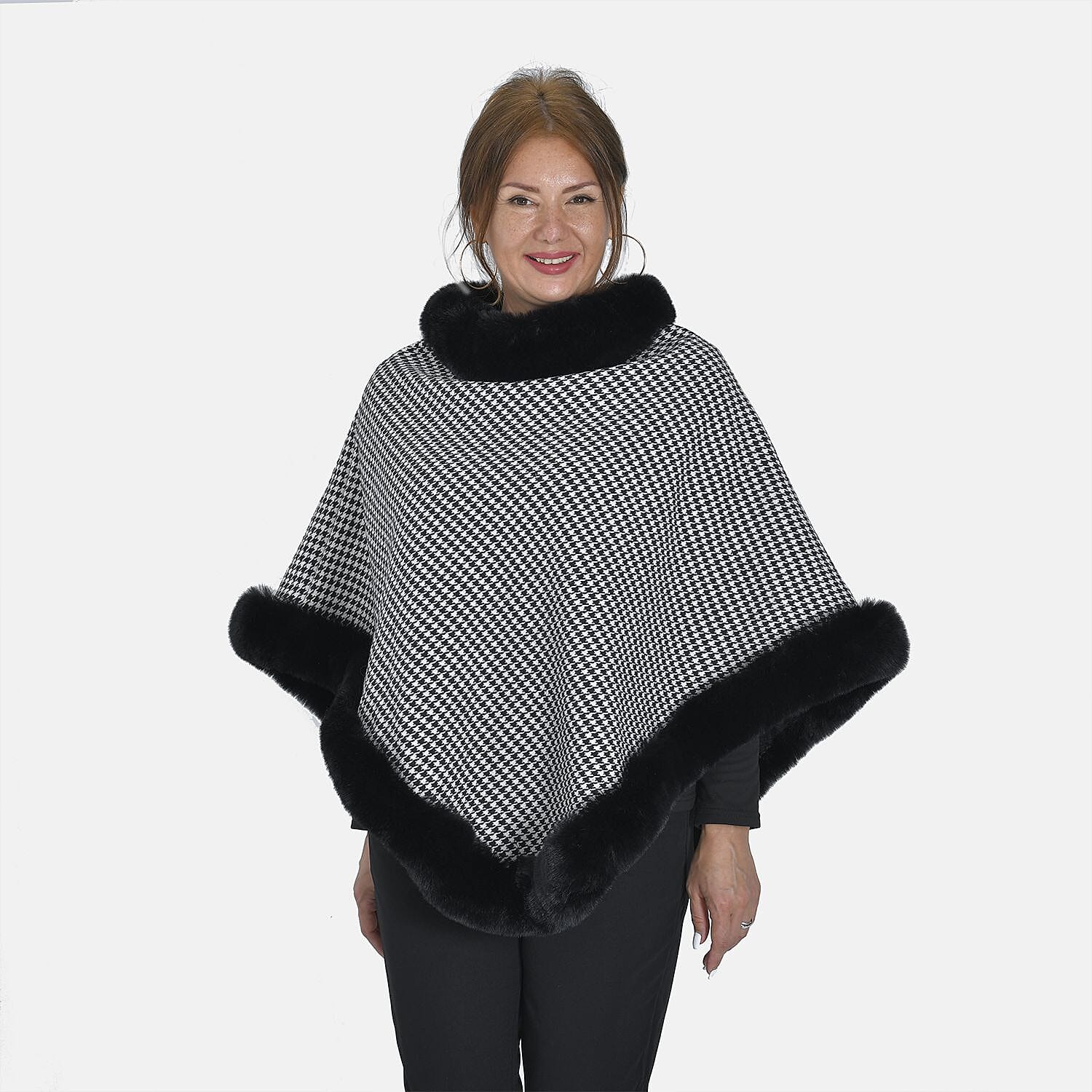 TAMSY Grid Pattern Double Layer Faux Fur Trim Poncho (Size 8-22) - Black & White