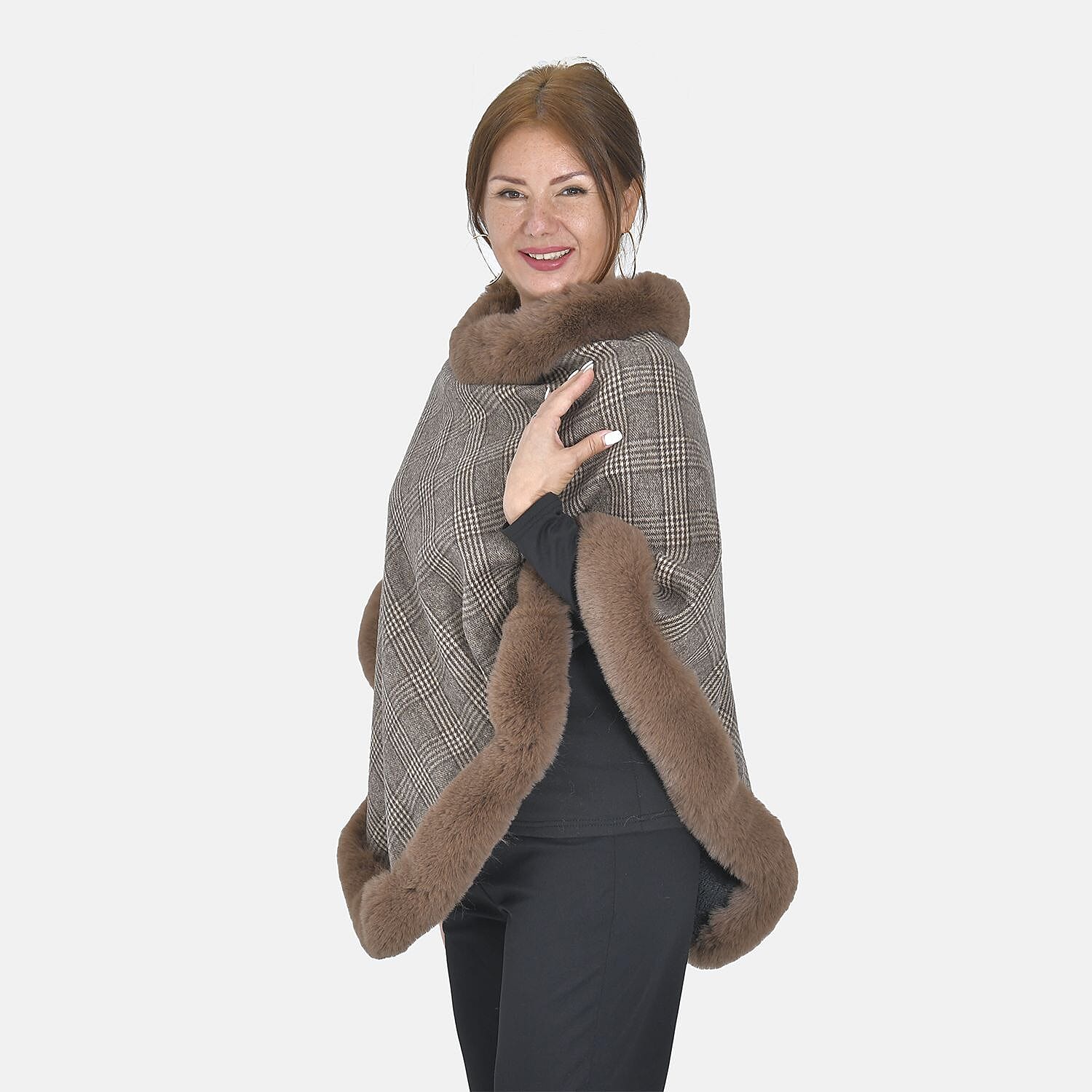 TAMSY Leopard Pattern Faux Fur Poncho (Size 92x70 Cm) - Brown