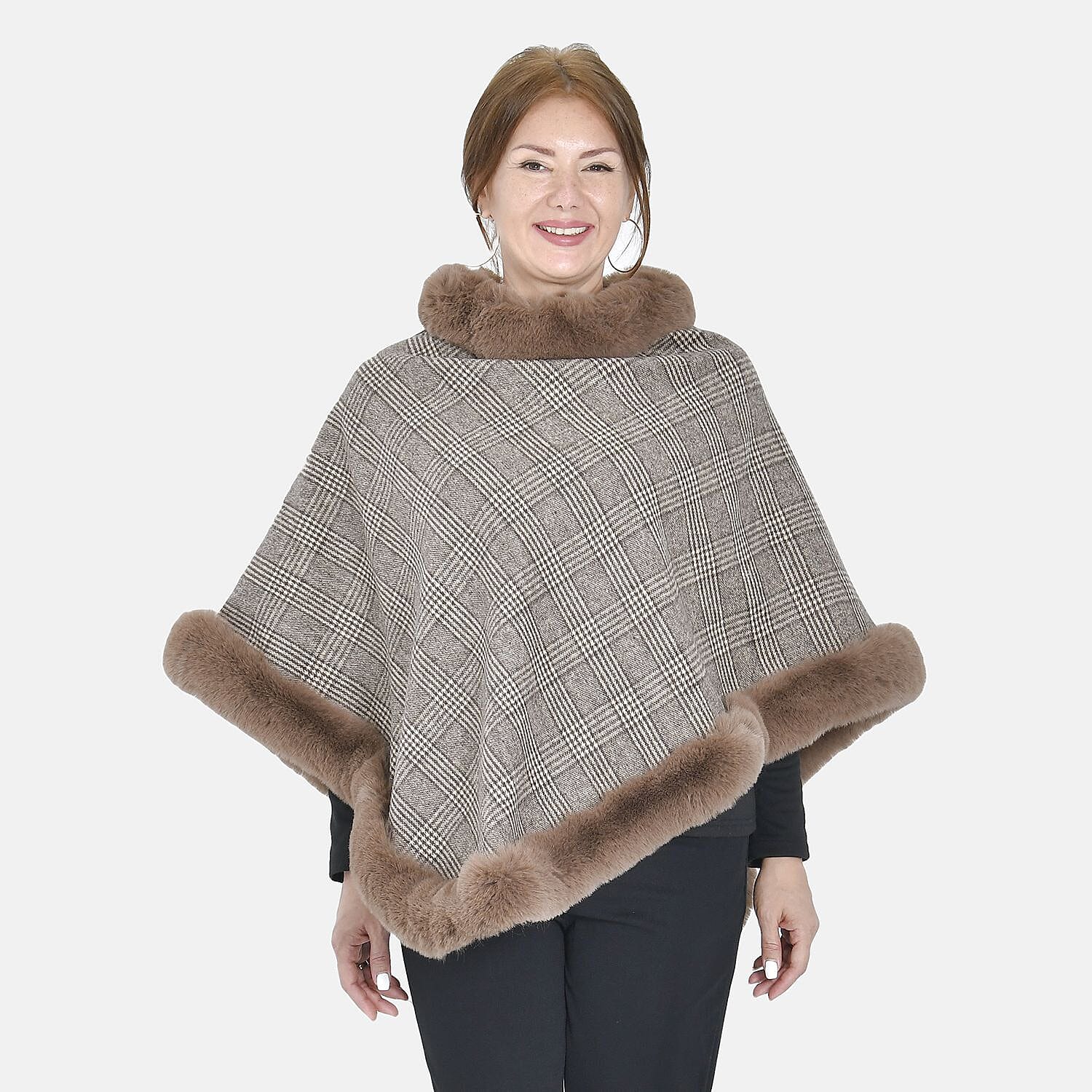 TAMSY Leopard Pattern Faux Fur Poncho (Size 92x70 Cm) - Brown