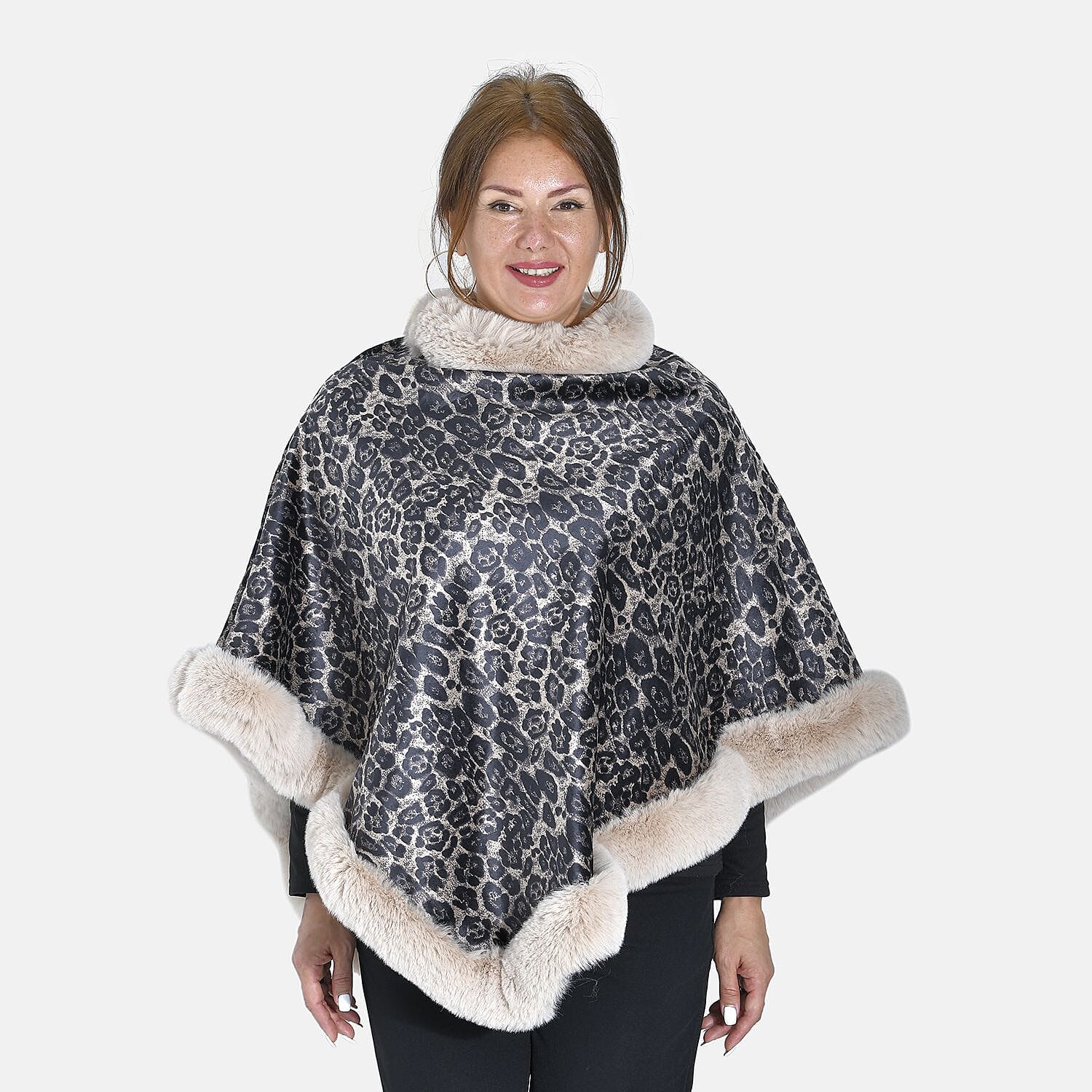 Tamsy Leopard Pattern Double Layer Faux Fur Trim Poncho (Size 8-22) - Brown & Beige