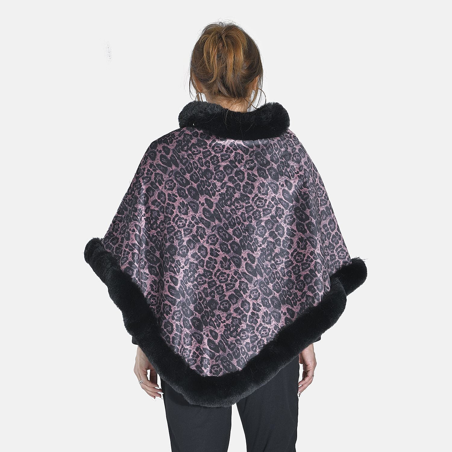 Tamsy Leopard Pattern Double Layer Faux Fur Trim Poncho (Size 8 -22) - Pink & Beige