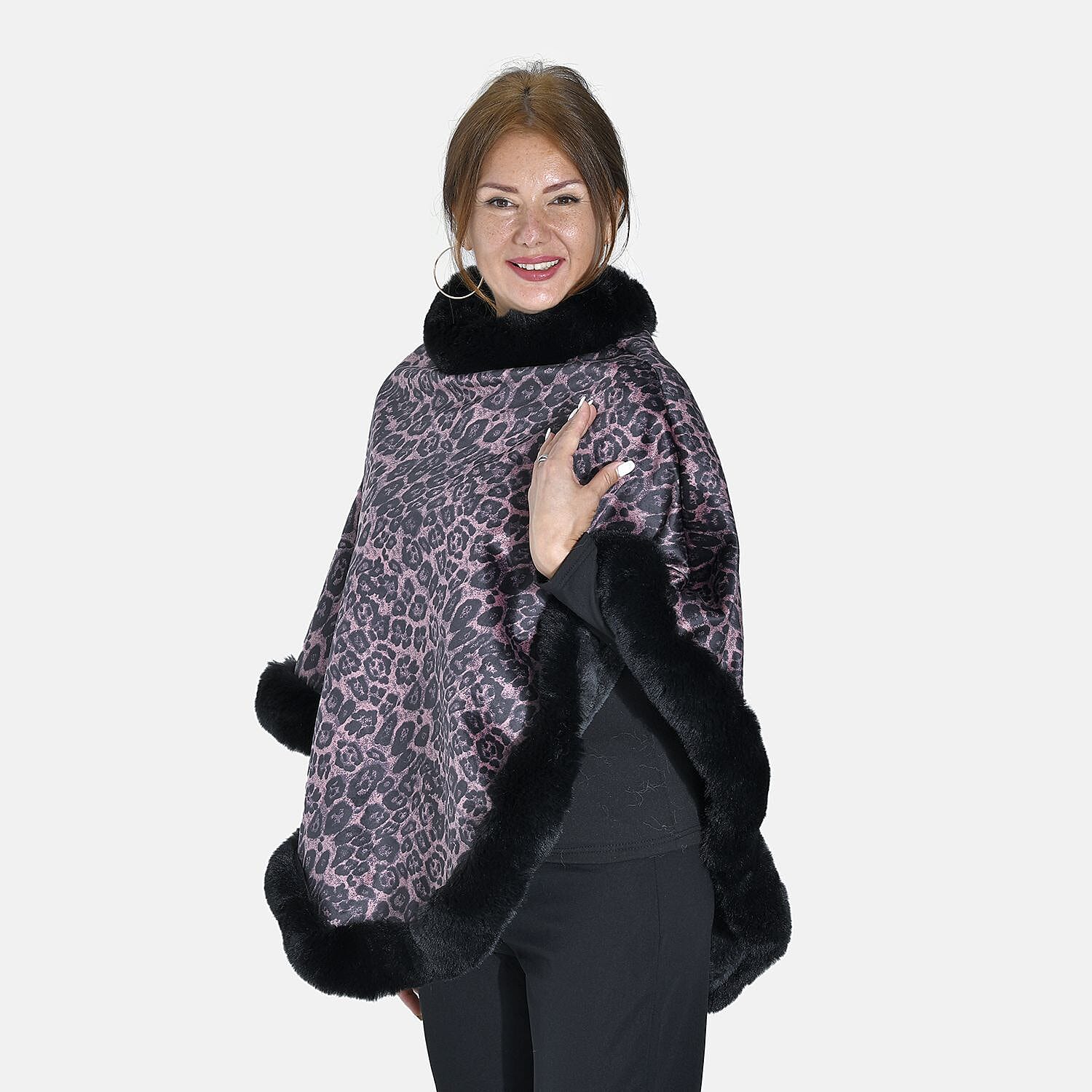 Tamsy Leopard Pattern Double Layer Faux Fur Trim Poncho (Size 8 -22) - Pink & Beige