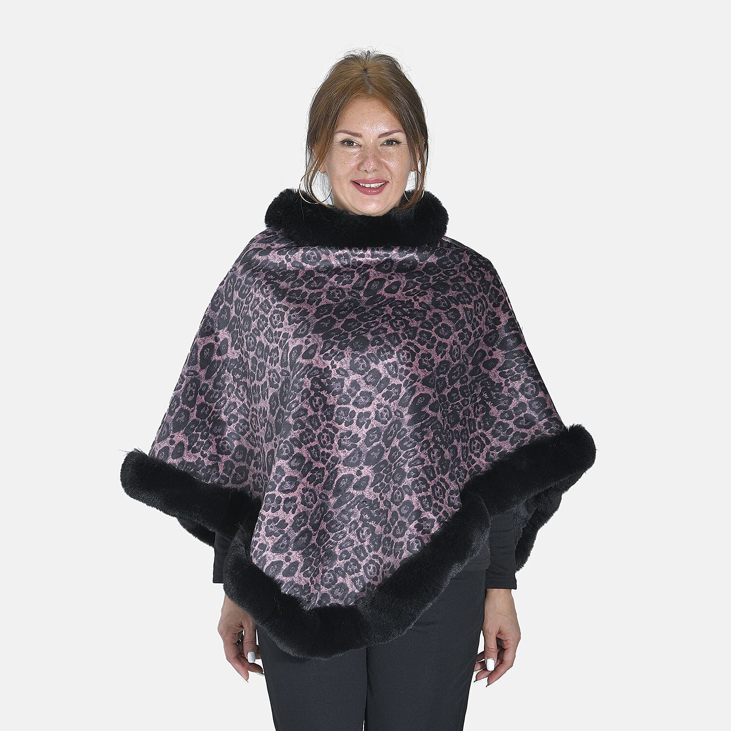 Tamsy Leopard Pattern Double Layer Faux Fur Trim Poncho (Size 8 -22) - Pink & Beige