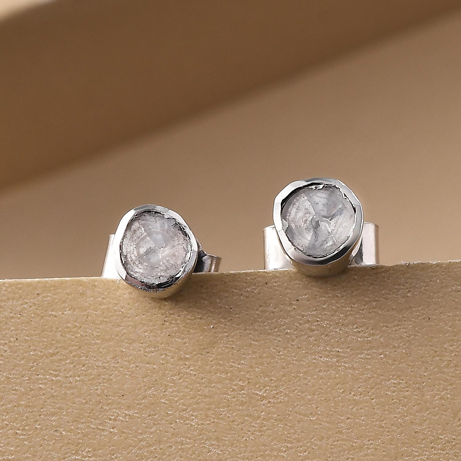 Polki Diamond Stud Earrings (with Push Back) in Platinum Overlay Sterling Silver
