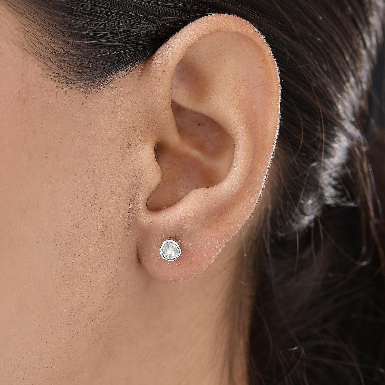 Polki Diamond Stud Earrings (with Push Back) in Platinum Overlay Sterling Silver