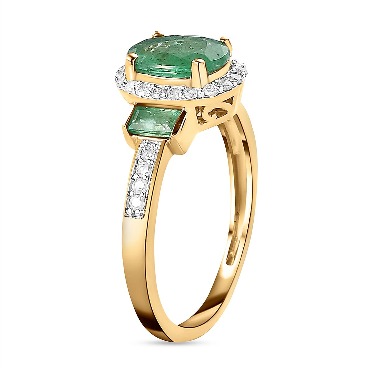 9K Yellow Gold AAA Kagem Zambian Emerald and Diamond Ring 1.57 Ct.