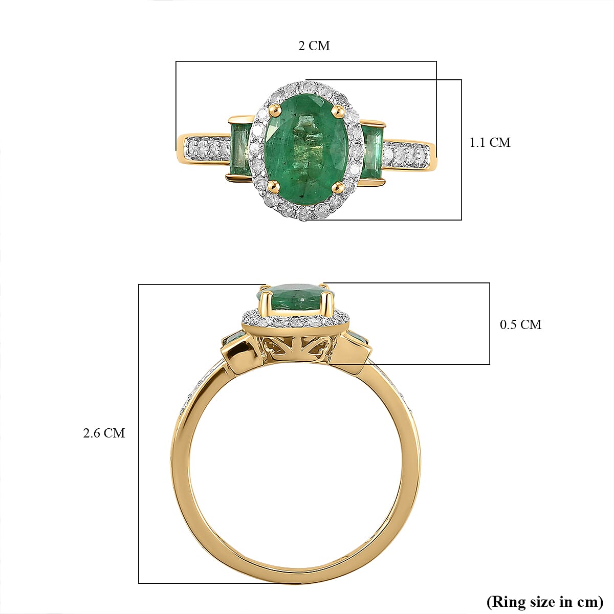 9K Yellow Gold AAA Kagem Zambian Emerald and Diamond Ring 1.57 Ct.