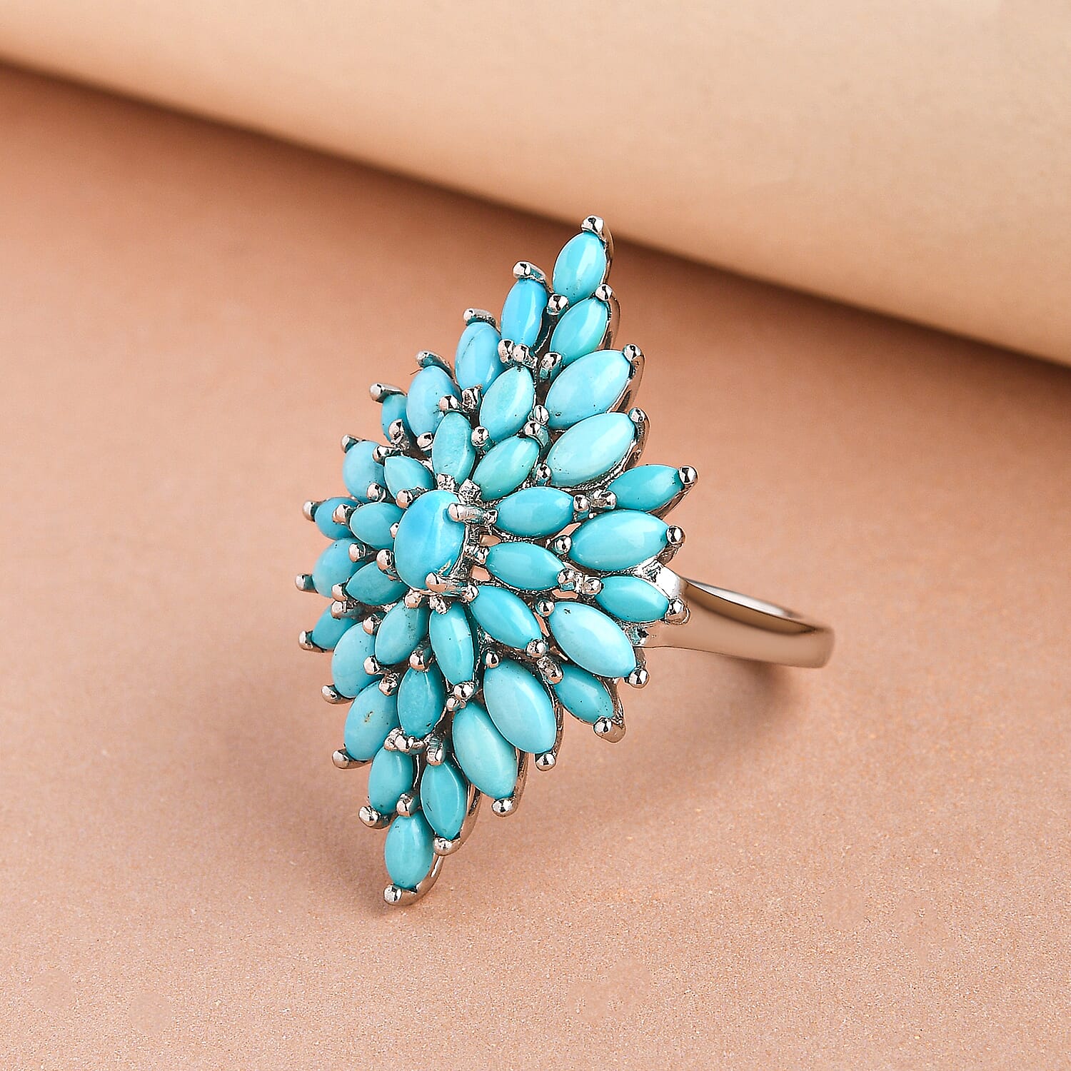 Arizona Sleeping Beauty Turquoise Cluster Ring in Platinum Overlay Sterling Silver 4.11 Ct, Silver Wt. 5.72 Gms