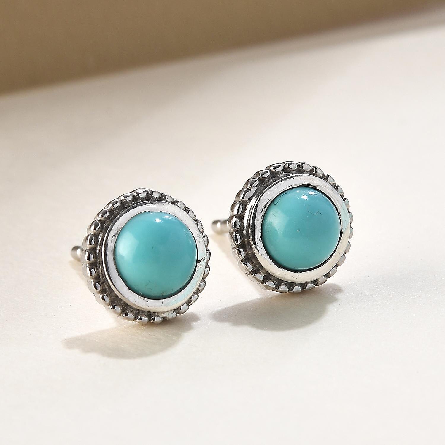 Arizona Sleeping Beauty Turquoise Stud Earrings (With Push Back) in Platinum Overlay Sterling Silver