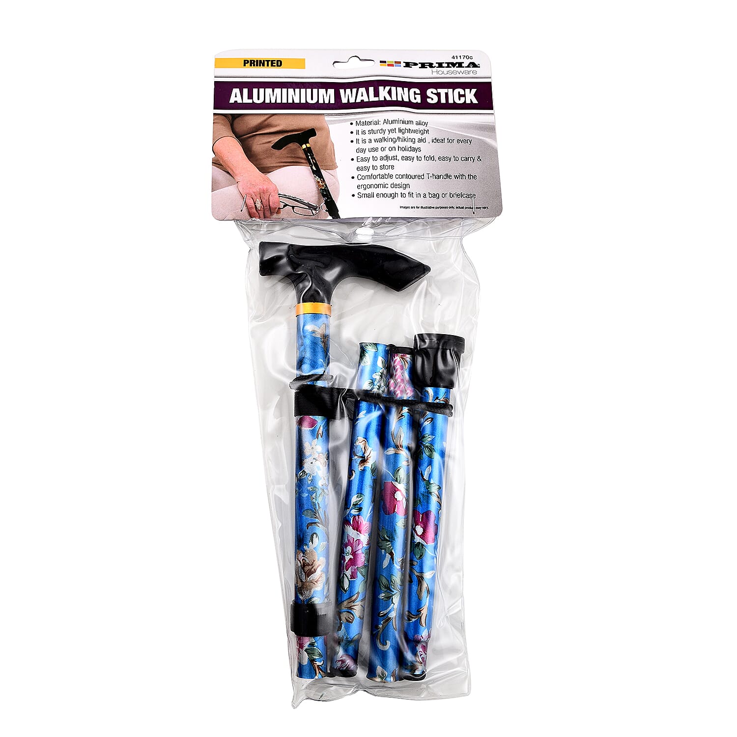 Lightweight Aluminum Foldable Walking Cane with Ergonomic Handle and Wrist Strap - Blue