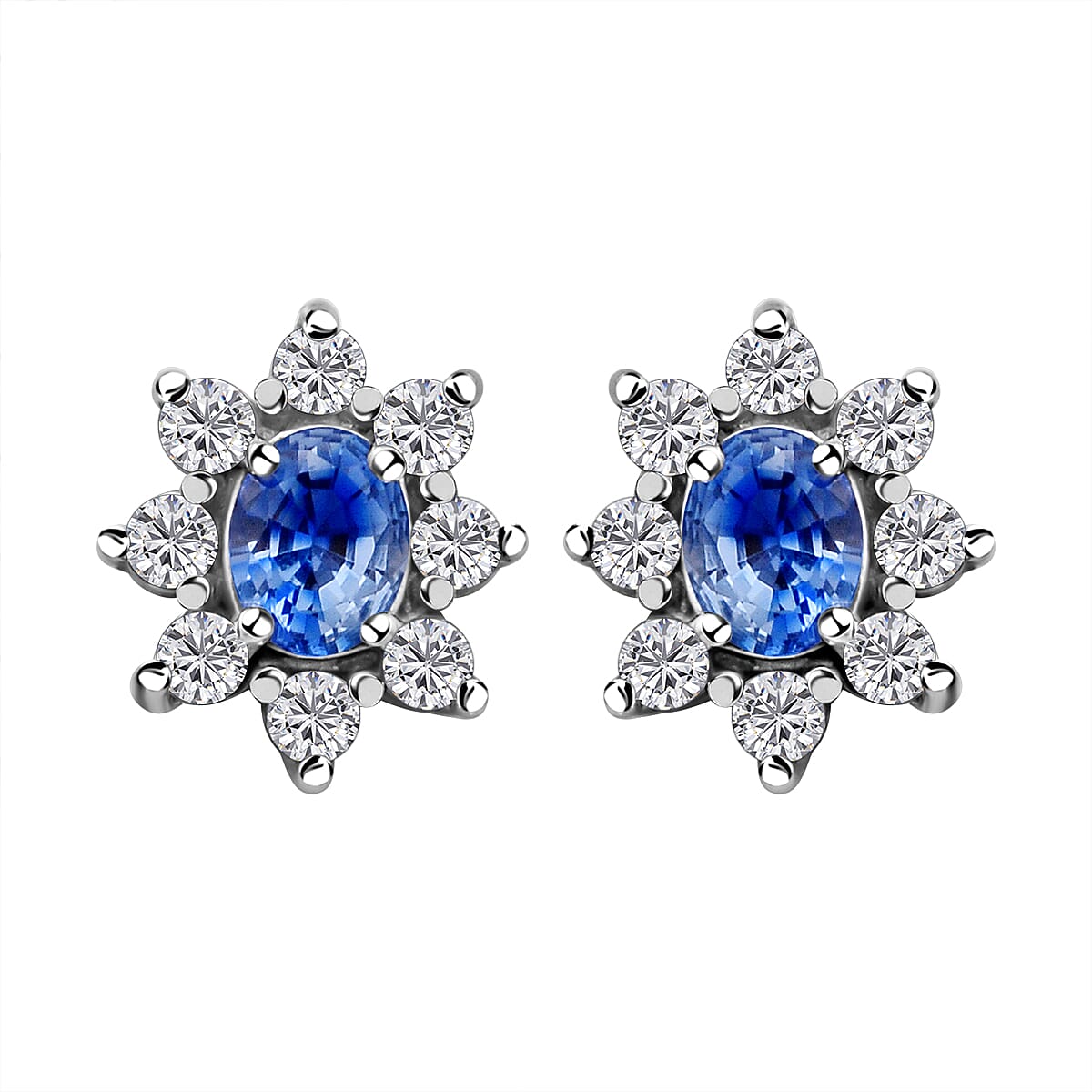 Ceylon Blue Sapphire and Natural Zircon Floral Stud Earrings in Rhodium Overlay Sterling Silver 1.00 Ct.