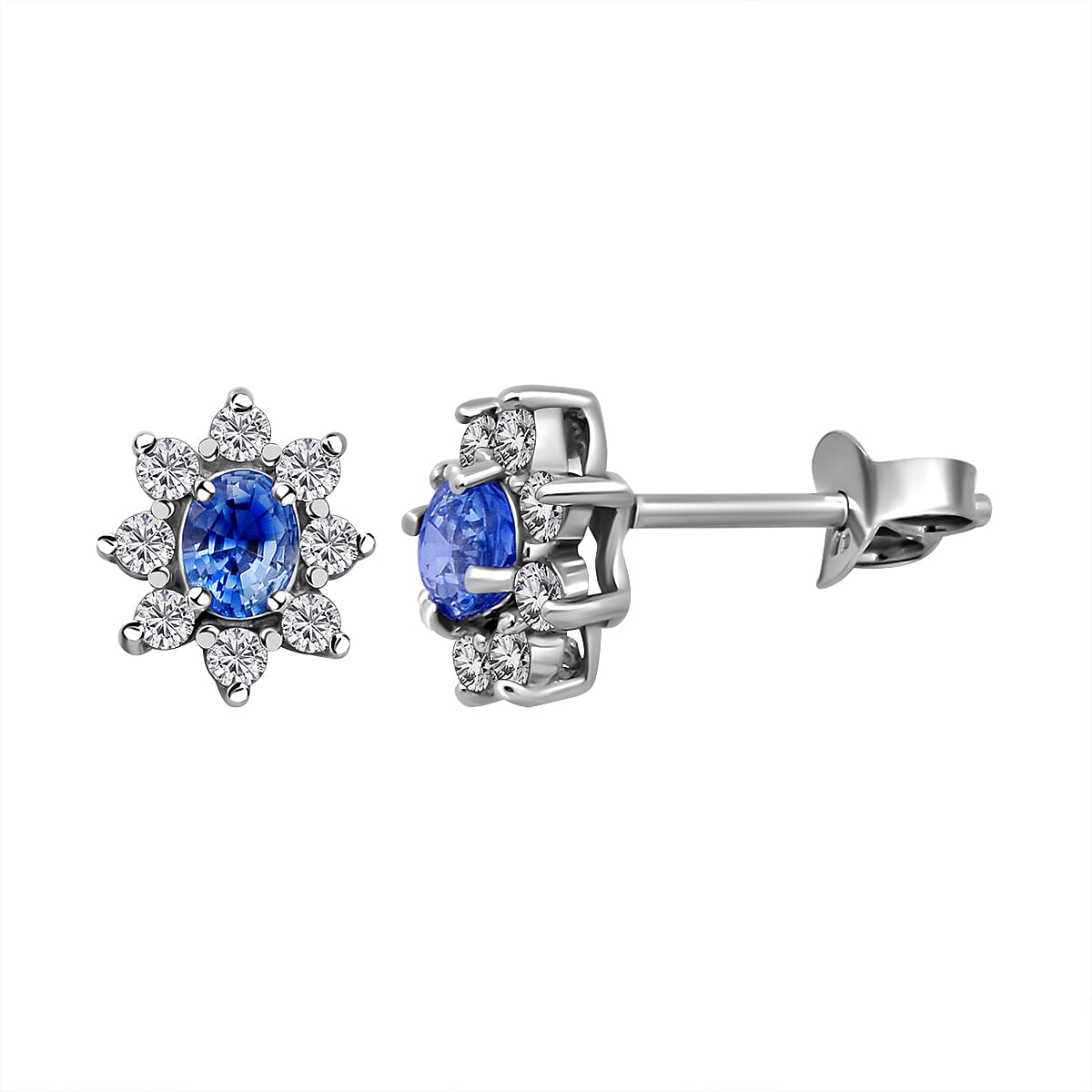 Ceylon Blue Sapphire and Natural Zircon Floral Stud Earrings in Rhodium Overlay Sterling Silver 1.00 Ct.