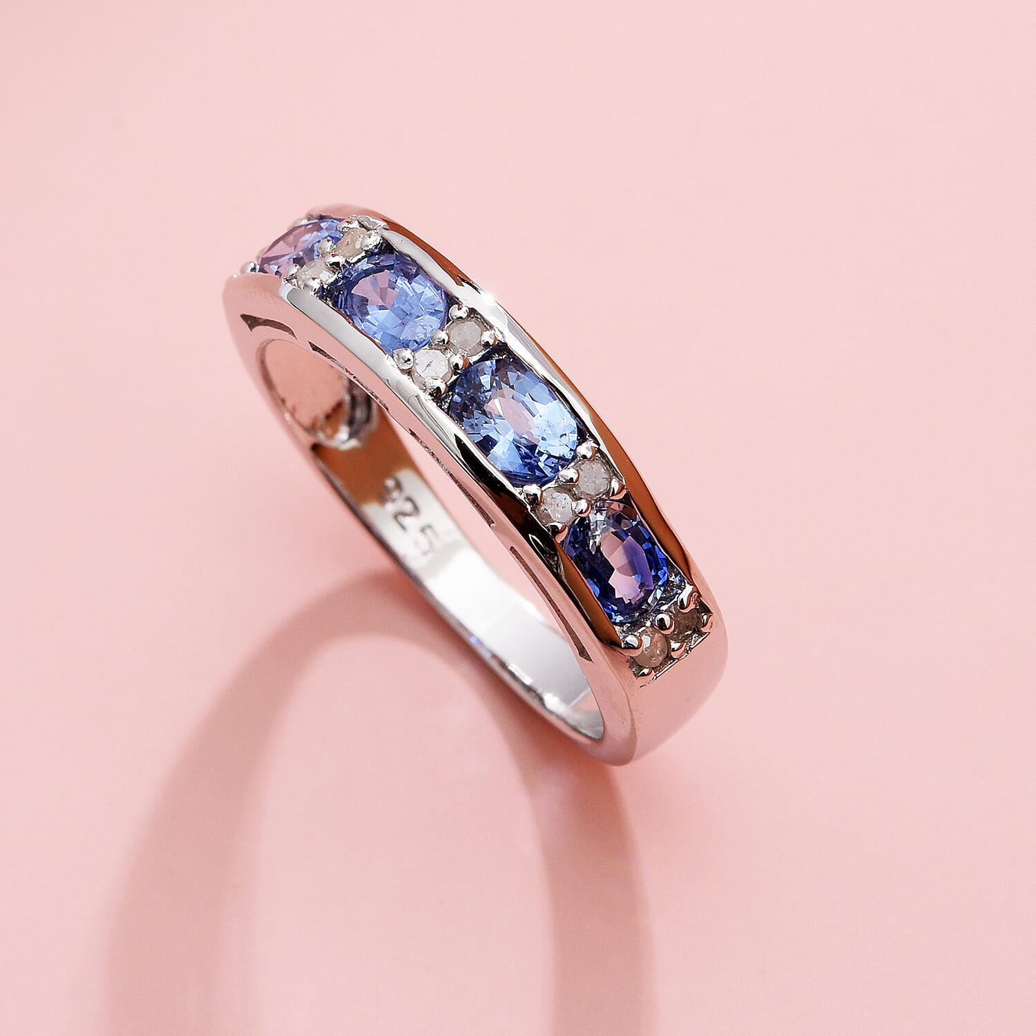 Blue Ceylon Sapphire and Diamond Half Eternity Ring in Platinum Overlay Sterling Silver 1.42 Ct.