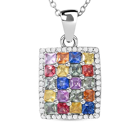 Rainbow Sapphire and Natural Zircon Pendant with Chain (Size - 18) in Rhodium Overlay Sterling Silver 2.44 Ct.