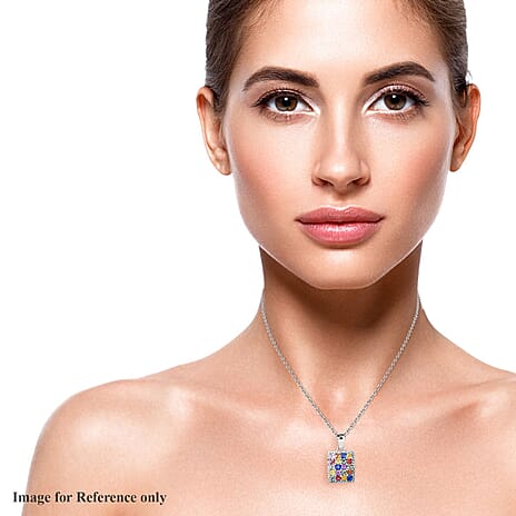 Rainbow Sapphire and Natural Zircon Pendant with Chain (Size - 18) in Rhodium Overlay Sterling Silver 2.44 Ct.