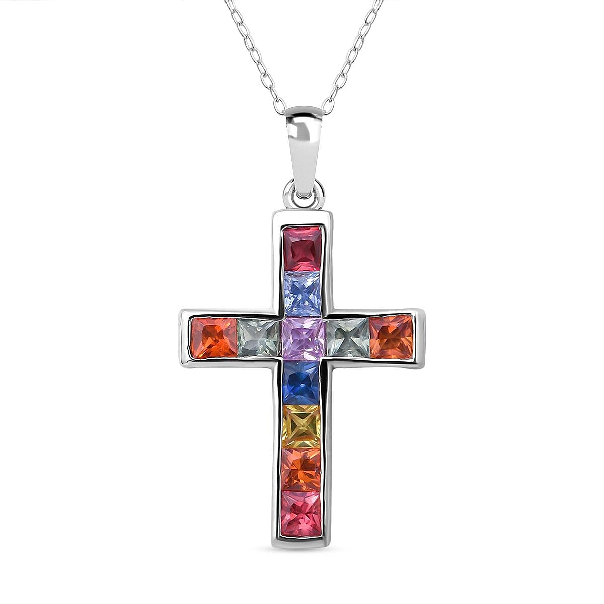 Rainbow Sapphire Cross Pendant With Chain (Size 18) in Rhodium Overlay Sterling Silver